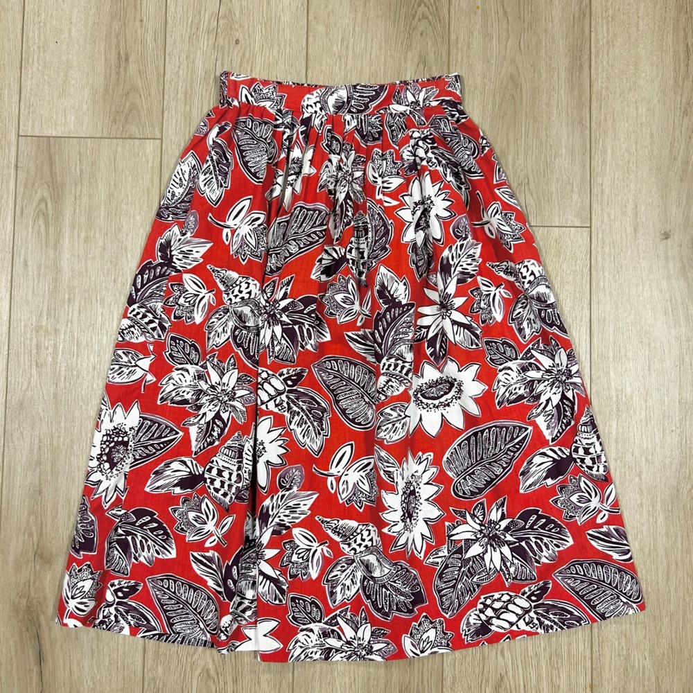 Vintage Ship n Shore Red Tropical Floral Seashell Midi‎ Skirt Made in USA 8 26"